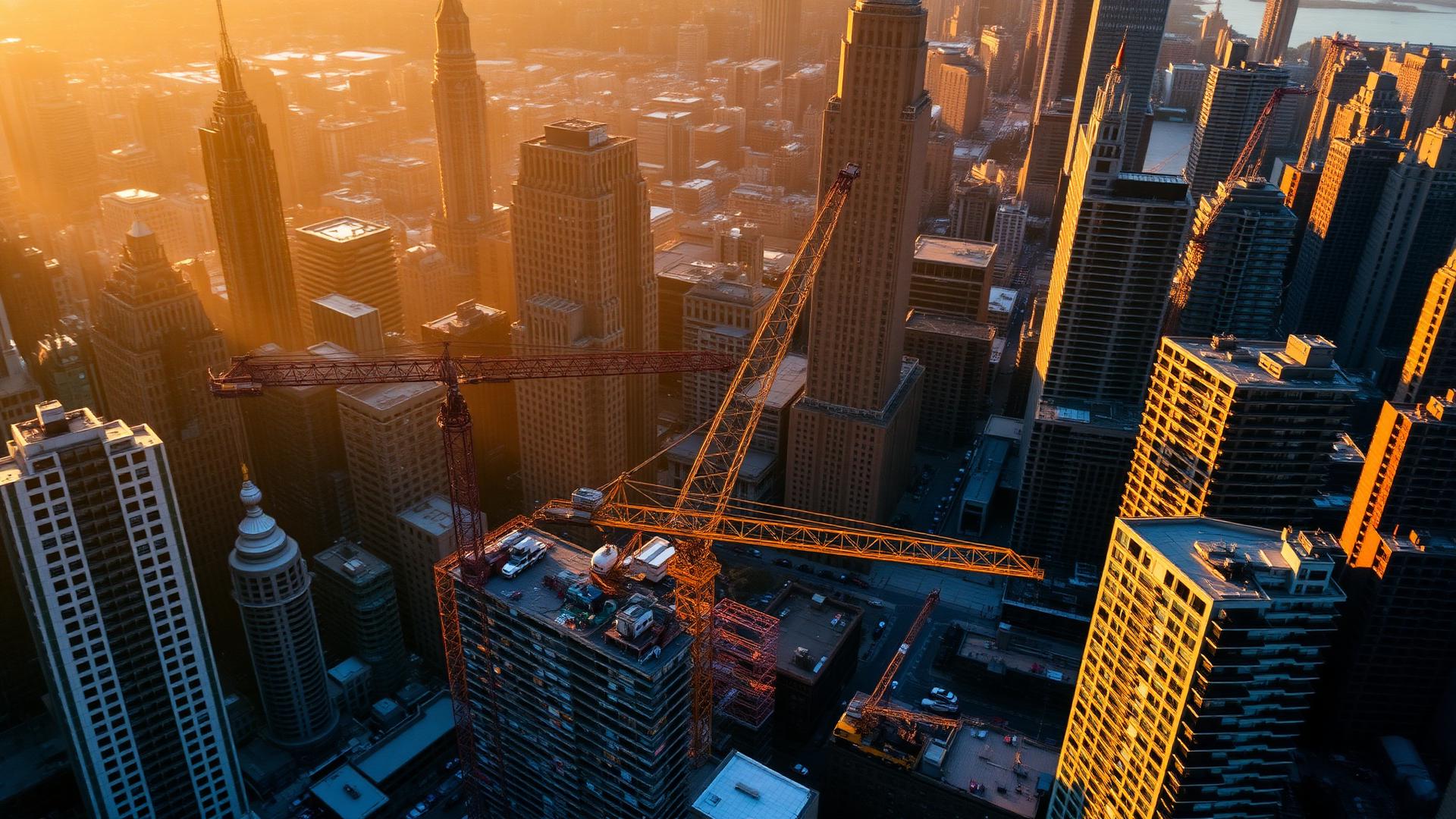 Construction crane against the NYC skyline at sunrise