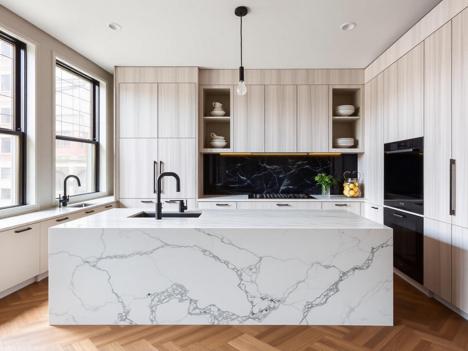 Renovated brownstone kitchen with marble island